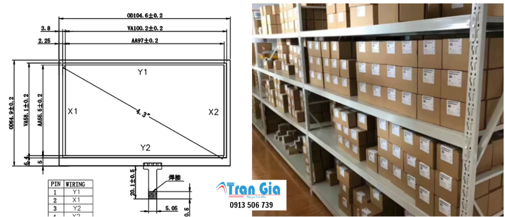 Tấm cảm ứng 4.3 inch/ kích thước 105x65mm/ cáp ra giữa cạnh dài giá cả phải chăng